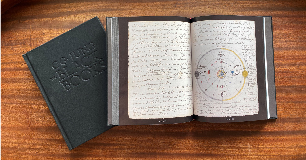 Two volumes of Jung's Black Books open to an image of the Gnostic Cosmos