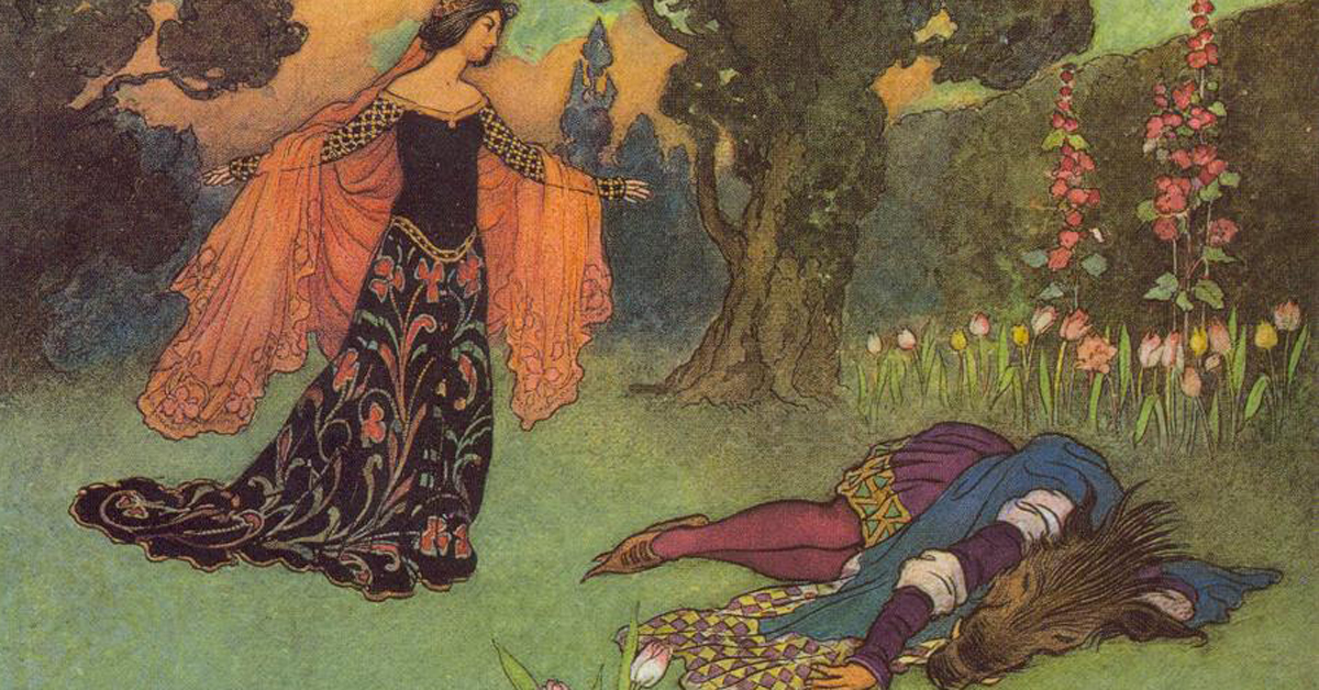 An illustration of a princess near a boar dressed as a prince