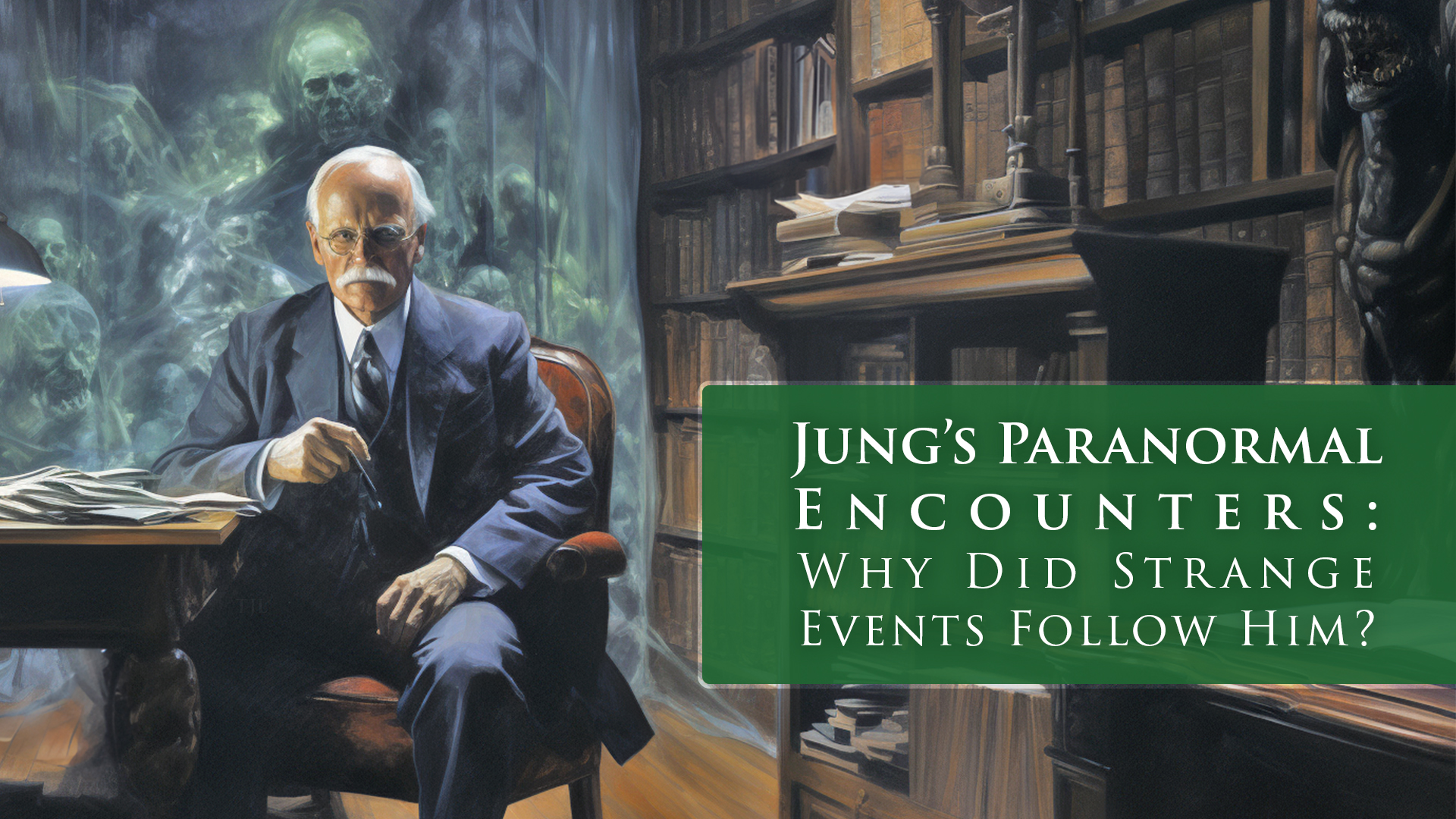 C Jung sitting in his library with ghosts behind him